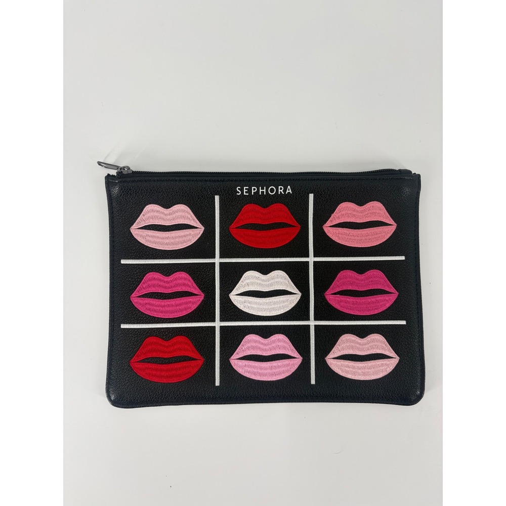Sephora Black Cosmetic Bag Tic‎ Tac Toe Lips Pouch Zippered Makeup Organizer